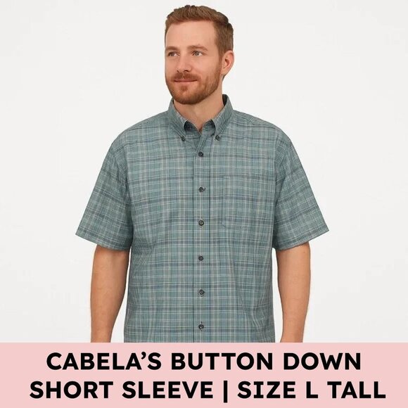 Cabela’s Plaid Button Down Shirt Green Gray Check Cotton Short Sleeve Men L Tall - Picture 1 of 11